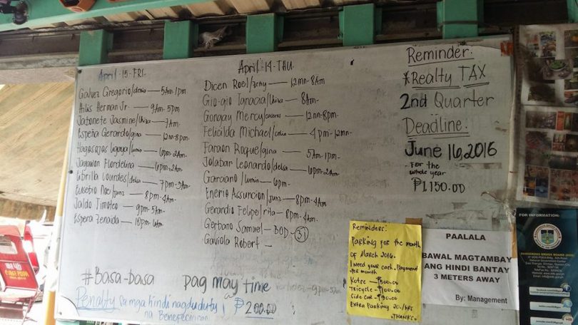 St Hannibal housing project, Philippines, gate roster